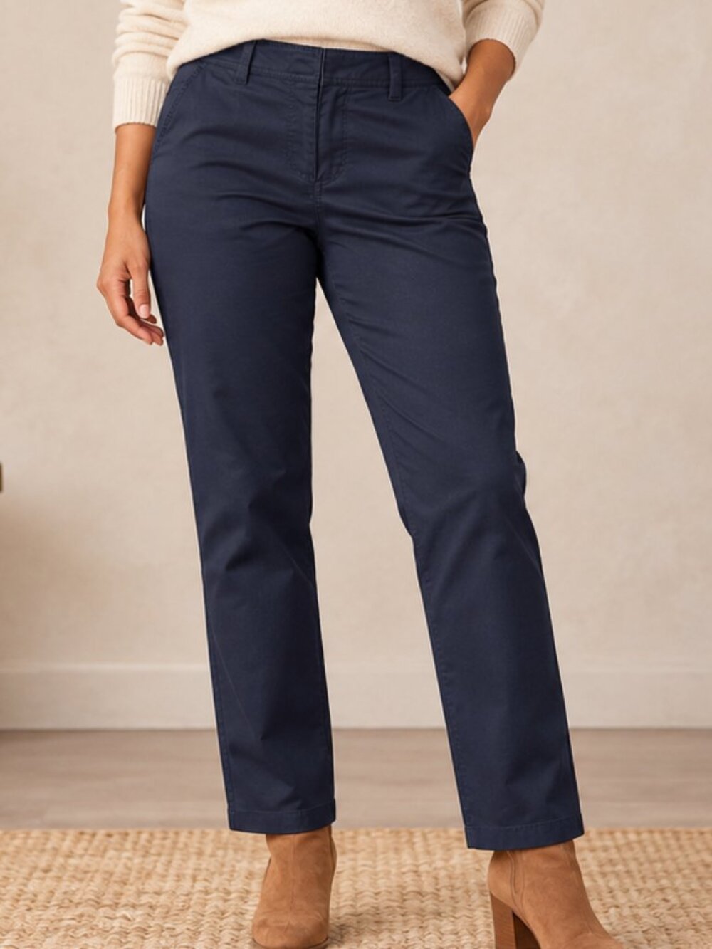 Ann Taylor Chino Pants Women 10 Navy Blue Straight Leg Stretch Cotton Trousers